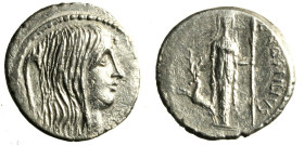 HOSTILIA. L. Hostilius Saserna (48 a.C.) Denario. Testa della Gallia a ds.; dietro, un carnyx R/ La Diana di Efeso che tiene in mano uno scettro e un ...