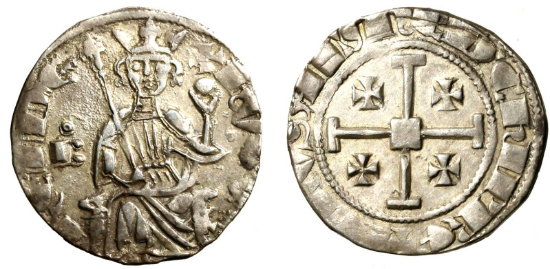 CIPRO. Ugo IV (1324-1359) Grosso. Il re in faldistorio di fronte con croce astil...