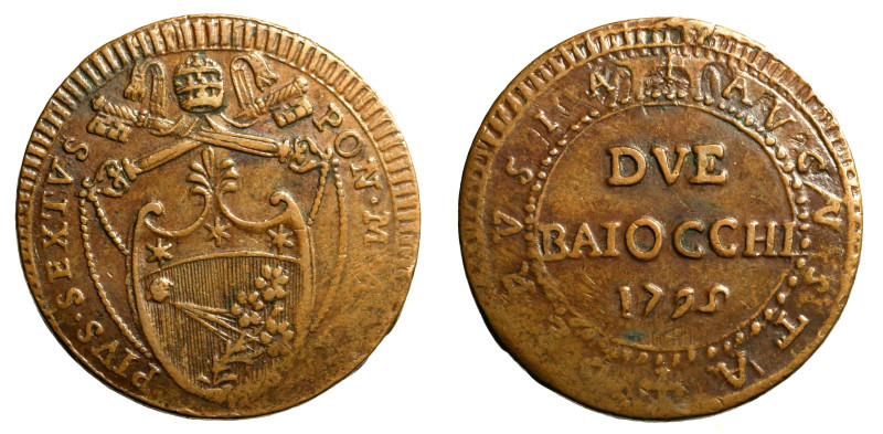 PERVGIA. Pio VI (1775-1799)Due baiocchi 1795/ XXI. Stemma R/ DVE/ BAIOCCHI/ 1795...