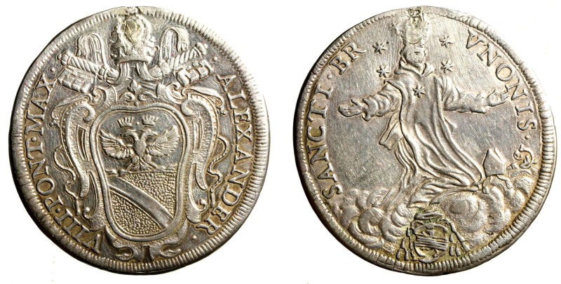 ROMA. Alessandro VIII (1689-1691) Testone. Stemma R/ S. Brunone inginocchiato su...