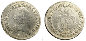 TORINO. Carlo Emanuele III (1730-1773) 7,6 soldi 1756. Testa nuda a ds. R/ Stemma coronato. MIR 950b. (g. 5) AR +BB