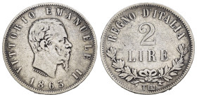 Regno d'Italia. Vittorio Emanuele II (1861-1878). 2 lire 1863 T (Torino) "Valore". Ag. Gig. 59. Rara. MB+