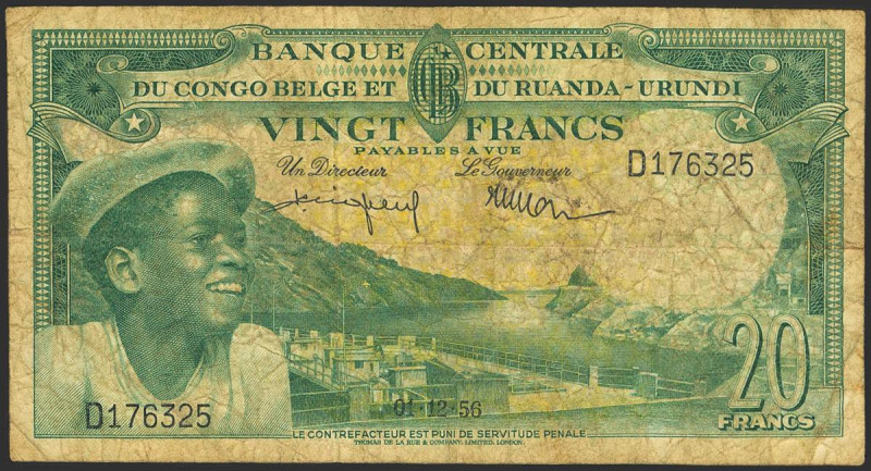 BELGIAN CONGO. 20 Francs. 1 December 1956. (Pick: 31). About Good.