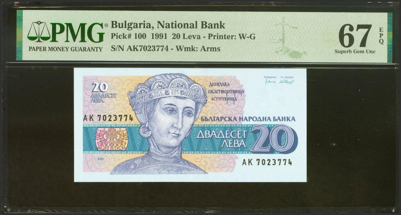 BULGARIA. 20 Leva. 1991. (Pick: 100). PMG67EPQ.