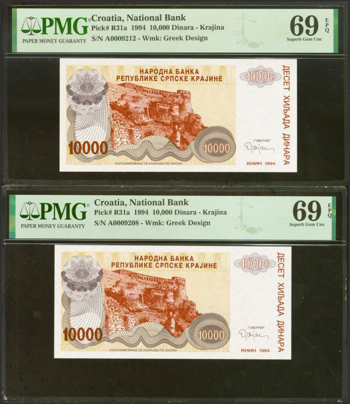 CROATIA. Set of 2 banknotes of 10000 Dinara. 1994. (Pick: R31a). PMG69EPQ, both.