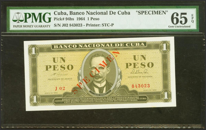 CUBA. 1 Peso. Specimen. 1958. (Pick 94bs). PMG65EPQ.