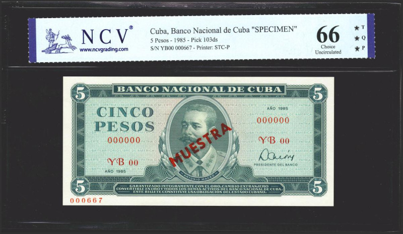 CUBA. 5 Pesos. 1985. Serial YB and MUESTRA. (Pick: 103ds). Uncirculated. Encapsu...