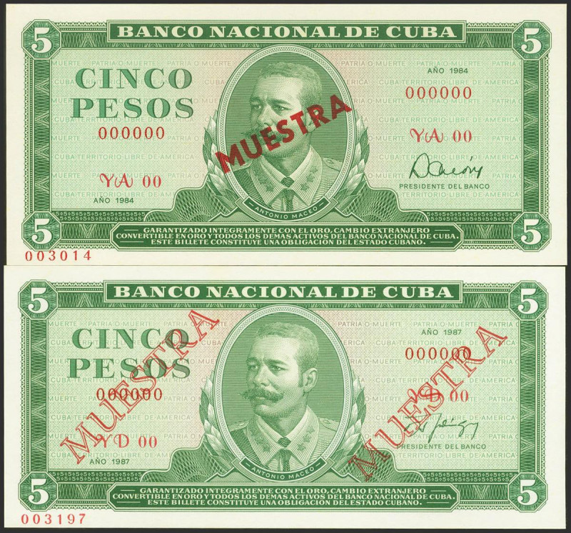 Set of 2 Cuban banknotes of 5 pesos, issued in 1984, both MUESTRA. (Pick: 103s)....