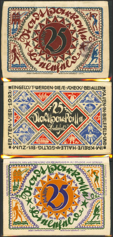 Interesting set of 5 banknotes from Germany, on silk and all of them from Bielef...