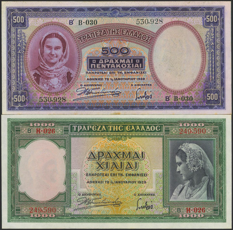 GREECE. 500 Drachmai and 1000 Drachmai. 1 January 1939. (Pick: 109, 110). Uncirc...