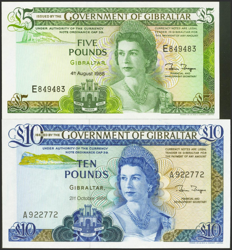 GIBRALTAR. 5 Pounds and 10 Pounds. 1986. (Pick 21b, 22b). Less Uncirculated.