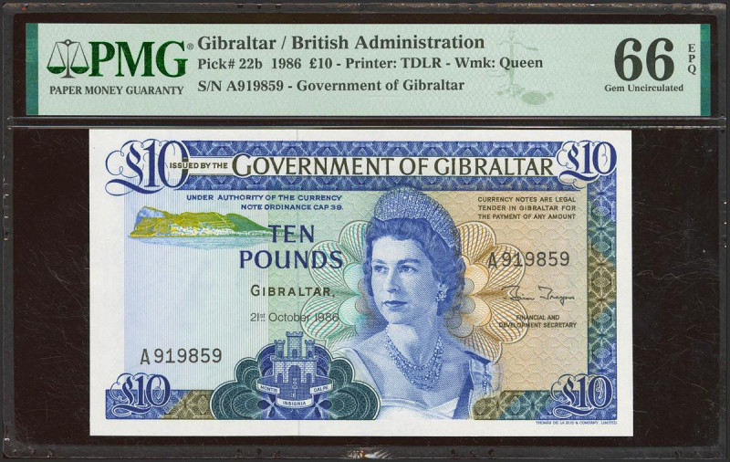 GIBRALTAR. 10 Pounds. 21 October 1986. (Pick: 22b). PMG66EPQ.