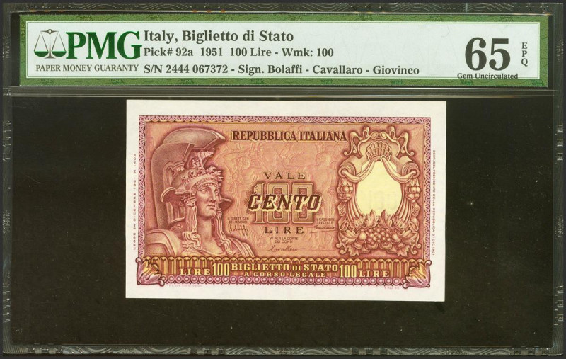 ITALY. 100 Lire. 1951. (Pick 92a). PMG65EPQ.