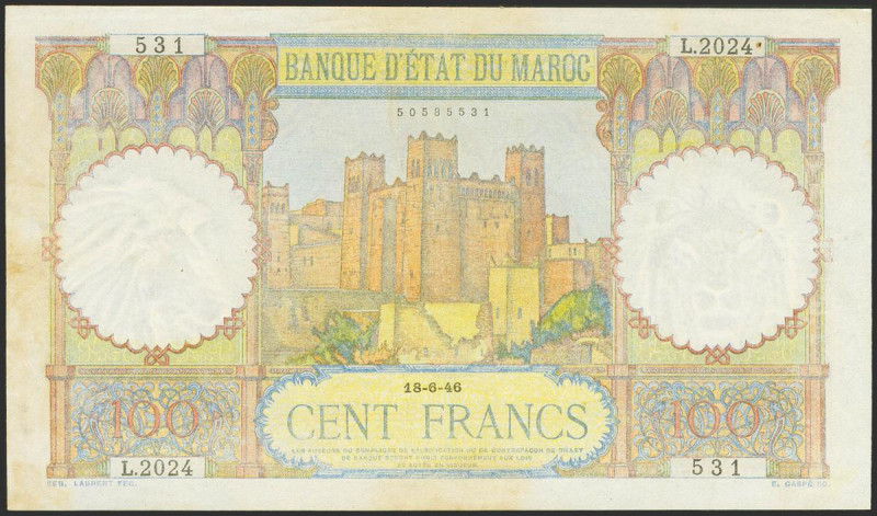 MOROCCO. 100 Francs. 18 June 1946. (Pick: 20). Spots rust. About Uncirculated--.