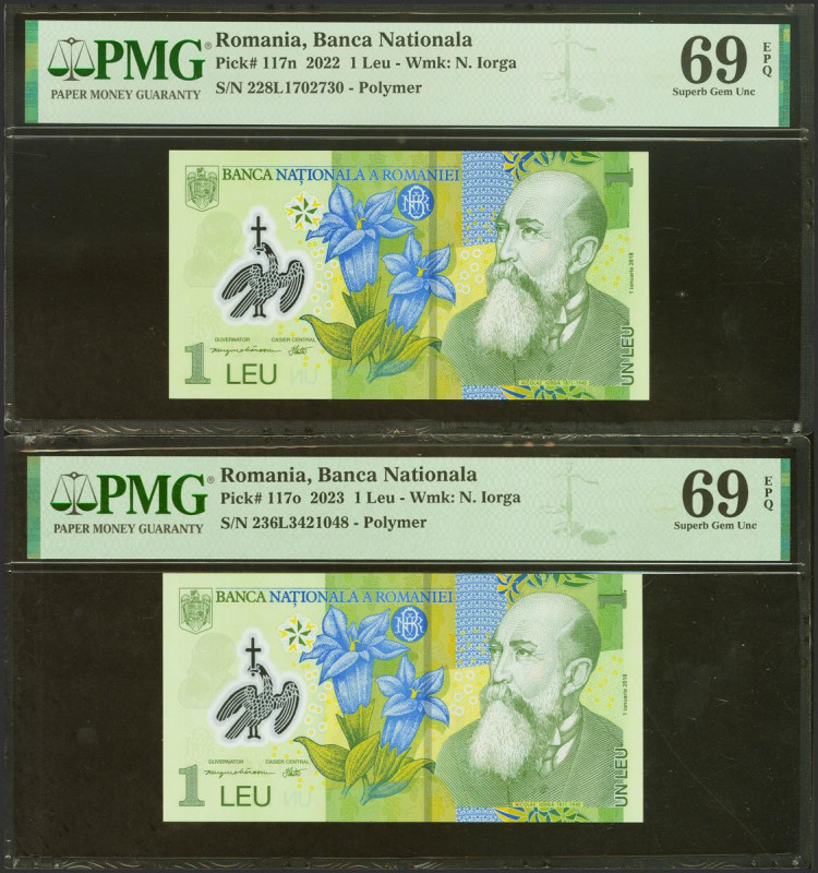 ROMANIA. Set of 2 banknotes of 1 Lei. 2023. (Pick: 101n, 101o). PMG69EPQ, both.