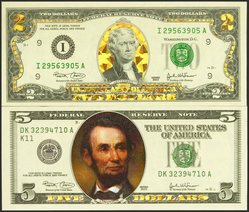 USA. 2 Dollars and 5 Dollars colorized with certificates of authenticity. 2003. ...