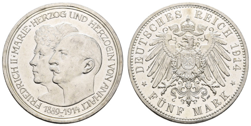 Silbermünzen des Kaiserreichs Anhalt
 5 Mark, 1914, Friedrich II., auf die Silb...