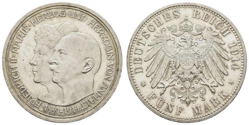 Silbermünzen des Kaiserreichs Anhalt
 5 Mark, 1914, Friedrich II., auf die Silb...