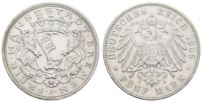 Silbermünzen des Kaiserreichs Bremen
 5 Mark, 1906, kl. Rf., ss-vz, J. 60.