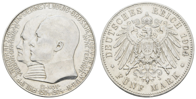 Silbermünzen des Kaiserreichs Hessen
 5 Mark, 1904, Ernst Ludwig, 400. Geburtst...