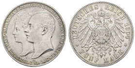 Silbermünzen des Kaiserreichs Mecklenburg-Schwerin
 5 Mark, 1904, Friedrich Franz, auf die Vermählung, kl. Rf., Kr., ss+, J. 87.