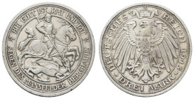 Silbermünzen des Kaiserreichs Preussen
 3 Mark, 1915, Mansfelder Bergbau, min. Rf., leicht berieben, f. vz, J. 115.