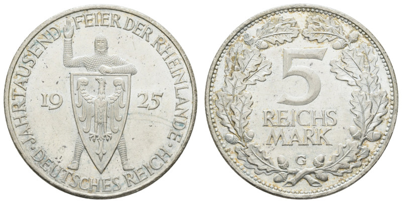 Münzen Weimar
 5 Reichsmark, 1925, A, Rheinlande, etw. fleckig, vz-st, J. 322