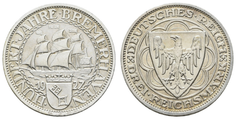 Münzen Weimar
 3 Reichsmark, 1927, Bremerhaven, kl. Rf., vz-st, J. 325