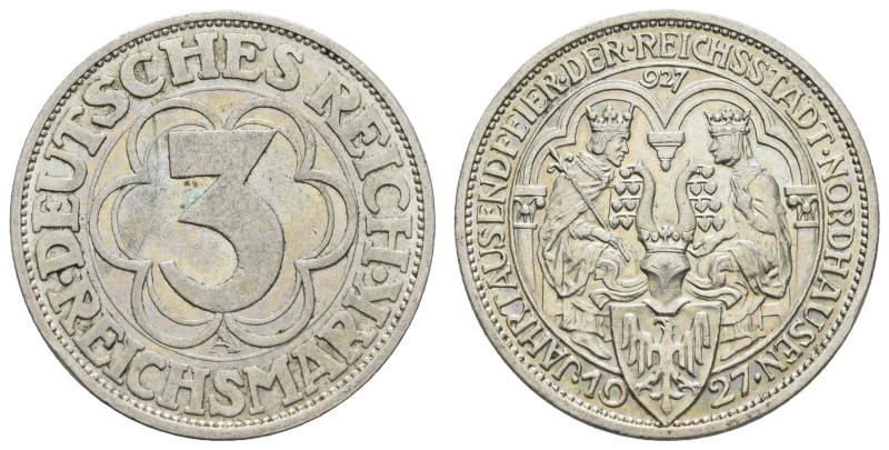 Münzen Weimar
 3 Reichsmark, 1927, Nordhausen, kl. Rf., kl. Kr., vz. J. 327