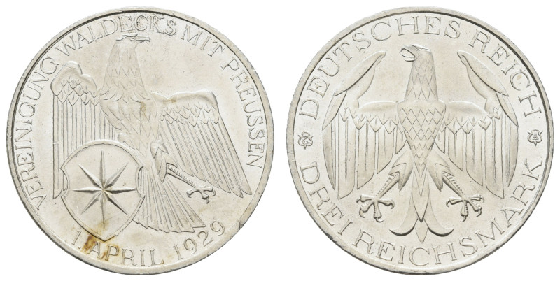 Münzen Weimar
 3 Reichsmark, 1929, Waldeck, kl. Rf., vz-st., J. 337