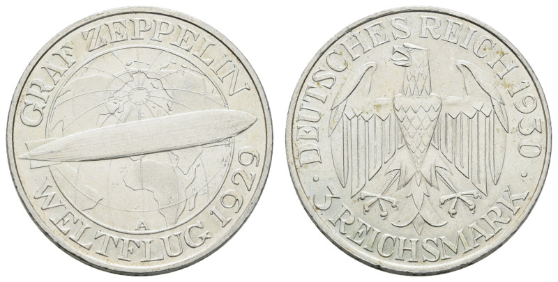 Münzen Weimar
 3 Reichsmark, 1930, A, Zeppelin, wz. Kr., kl. Rf., vz, J. 342