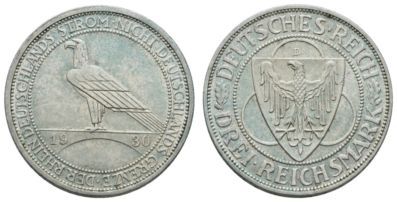 Münzen Weimar
 3 Reichsmark, 1930, D, Rheinlandräumung, etw. Grünspan, f. vz, J...