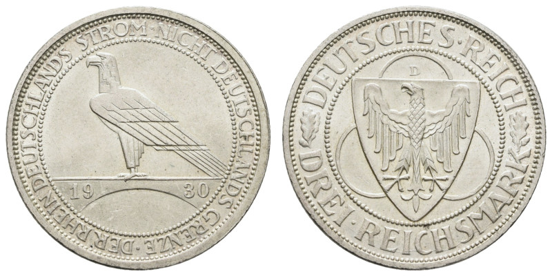 Münzen Weimar
 3 Reichsmark, 1930, D, Rheinlandräumung, kl. Rf., kl. Kr., vz. J...