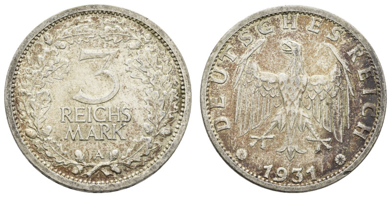 Münzen Weimar
 3 Reichsmark, 1931, A, kl. Rf., wz. Kr., ss-vz, J. 349