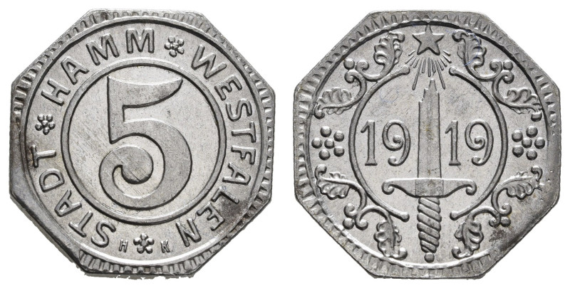 Notgeld Münzen
 Hamm, 5 Pfennig, 1919, Eisen, vernickelt, "H K" unter Wertzahl,...