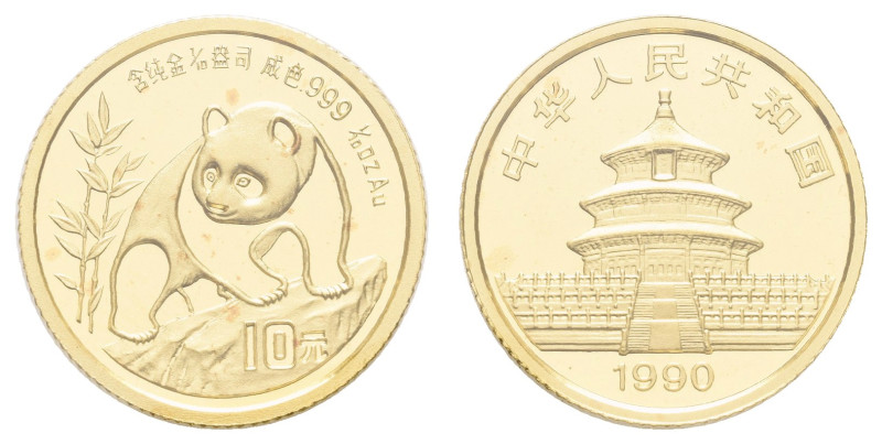 Europa und Übersee China Volksrepublik
 10 Yuan, Gold, 1990, Panda, 1/10 Oz, Fb...