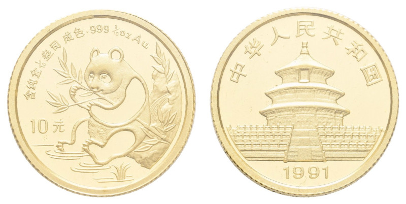 Europa und Übersee China Volksrepublik
 10 Yuan, Gold, 1991, Panda, 1/10 Oz, Fb...