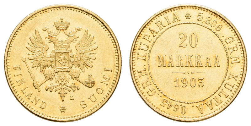 Europa und Übersee Finnland
 20 Markkaa, Gold, 1903, Fb. 3, gereinigt, kl. Kr.,...