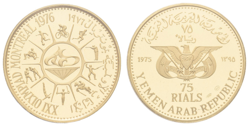 Europa und Übersee Jemen
 75 Rials, Gold, 1975 Olympiade Montreal, Fb. 20, in K...