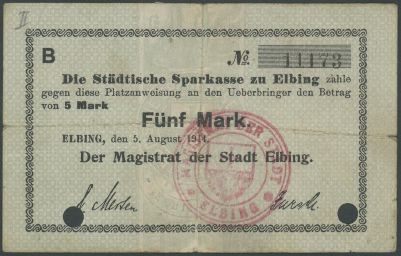 Banknoten Notgeld Scheine
 Elbing (Westpreussen) Stadt: 5 Mark 5.8.1914 (III) d...