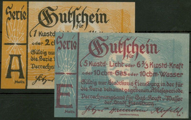 Banknoten Notgeld Scheine
 Flensburg (SH/SH) Verrechnungsamt für Gas, Kraft u. ...