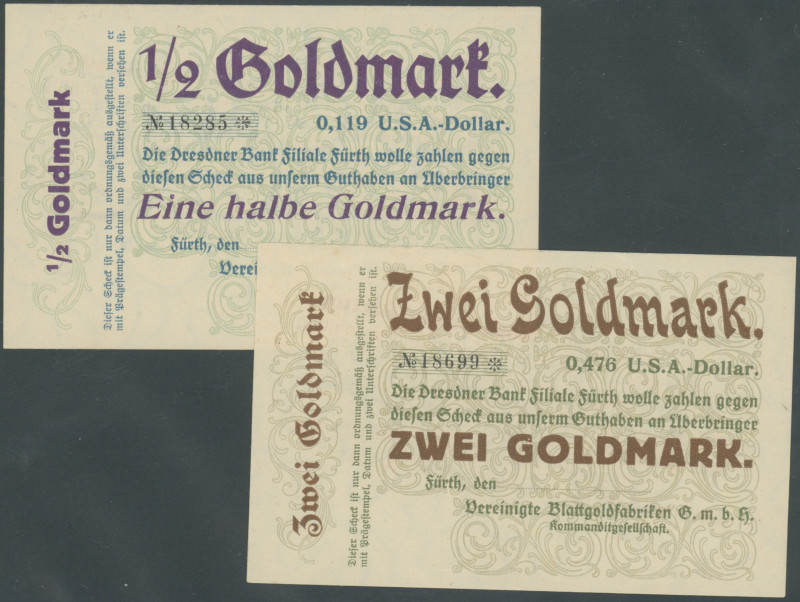 Banknoten Notgeld Scheine
 Fürth (Bayern), 50 GPf. 15.11.1923 Stadt (IV) und 1/...