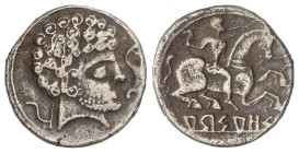 Celtiberian Coins

Denario. 120-80 a.C. ARSAOS (Zona de NAVARRA). Anv.: Cabeza barbada a derecha, entre arado y delfín. Rev.: Jinete con dardo a der...