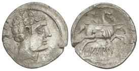 Celtiberian Coins

Denario. 120-30 a.C. SECOBIRICES (SAELICES, Cuenca). Anv.: Cabeza imberbe, detrás creciente y punto, debajo letra ibérica (S). Re...