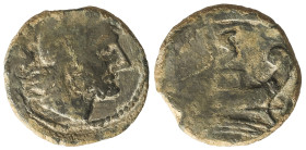 Celtiberian Coins

Semis. IMITACIONES INDÍGENAS REPÚBLICA ROMANA. Anv.: Cabeza de Saturno a derecha. Rev.: Proa a derecha encima S. 5,73 grs. AE. AB...