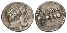 Roman Coins

Republic

Denario. 86 a.C. ANÓNIMO. Anv.: Cabeza laureada de Apolo Vejovis a derecha, debajo haz de rayos no visible. Rev.: Júpiter e...