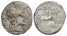 Roman Coins

Republic

Denario. 132 a.C. ABURIA. Marcius Aburius M.F. Geminus. Anv.: Cabeza de Roma a derecha, detrás GEM. Rev.: Sol con látigo en...