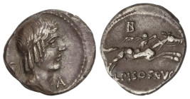 Roman Coins

Republic

Denario. 64 a.C. CALPURNIA. C. Calpurnius Piso Frugi. Anv.: Cabeza laureada de Apolo a derecha, detrás de la cabeza simbolo...