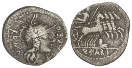 Roman Coins

Republic

Denario. 124 a.C. FABIA. Quintus Fabius Labeo. Anv.: Cabeza de Roma a derecha delante X LABEO, detrás ROMA. Rev.: Júpiter e...