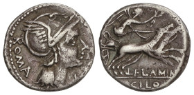 Roman Coins

Republic

Denario. 109-108 a.C. FLAMINIA. Lucius Flaminius Cilo. Anv.: Cabeza de Roma a derecha, delante (X), detrás ROMA. Rev.: Vict...
